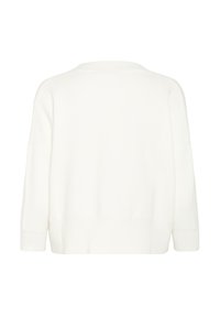 White knitted sweater with a relaxed fit, wide sleeves, and a ribbed hem. Smooth texture with a simple, minimalistic design.