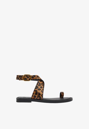 Płaska czarna sandał z pętelką na palce w panterkę i paskiem na kostkę z złotą klamrą, prezentowana na białym tle.