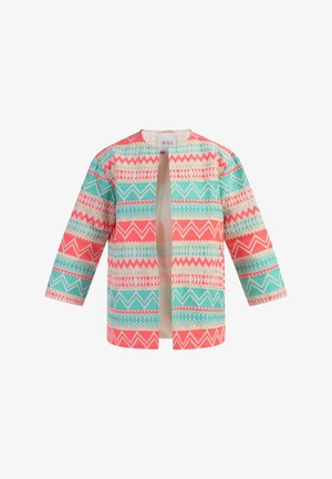 Colorful patterned jacket featuring geometric designs in turquoise, pink, and cream. Lightweight fabric, open front, and three-quarter sleeves.