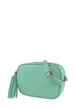 Crossbody-Tasche aus mintgrünem Leder mit strukturierter Oberfläche, goldfarbenen Beschlägen und einer dekorativen Quaste. Verfügt über einen Reißverschluss und einen verstellbaren Riemen.
