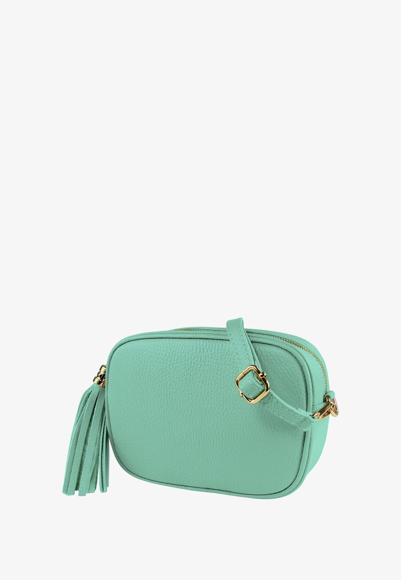 Mintgroene leren crossbodytas met een gestructureerde afwerking, gouden beslag en een decoratieve kwast. Voorzien van een ritssluiting en een verstelbare band.