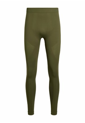 Olijfgroene sportleggings met een zachte textuur, een aansluitend ontwerp en subtiele schuin gelegde ribbelpatronen op de dijen.