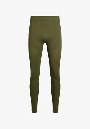 Olijfgroene sportleggings met een zachte textuur, een aansluitend ontwerp en subtiele schuin gelegde ribbelpatronen op de dijen.
