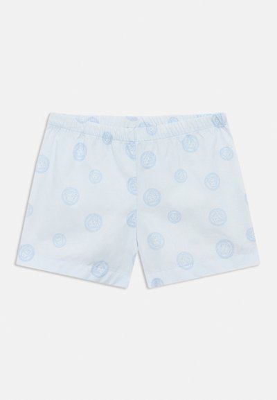 Svetlo modri hlačniki iz mehke tkanine, z vzorcem ponavljajočih se krogov z dizajnom v nekoliko temnejši modri barvi. Elastičen pas.