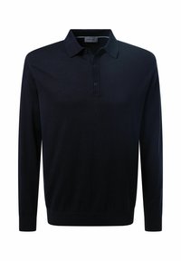 Marineblaue Langarm-Polohemd aus Strickstoff, mit Kragen, Drei-Knopf-Leiste und gerippten Manschetten. Klassisches Schnittdesign.