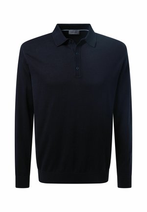 Marineblaue Langarm-Polohemd aus Strickstoff, mit Kragen, Drei-Knopf-Leiste und gerippten Manschetten. Klassisches Schnittdesign.