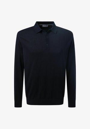 Polo a maniche lunghe blu navy in tessuto a maglia, con colletto, pattina con tre bottoni e polsini a costine. Design a vestibilità classica.