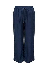 Παντελόνια σε σκούρο μπλε, με ευρύ πέλμα και χαλαρή εφαρμογή, με ελαστική μέση και κορδόνι στο μπροστινό μέρος.