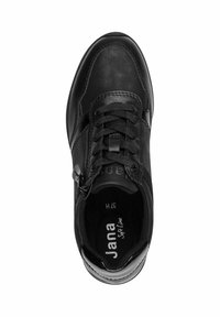 Baskets en cuir noir avec lacets et fermeture éclair latérale, de la marque Jana Soft Line, vues du dessus sur un fond blanc.
