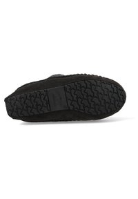 Zwarte suède pantoffel met een getextureerde rubberen zool die een profielpatroon toont, met een zachte bovenzijde en een rond teenontwerp.