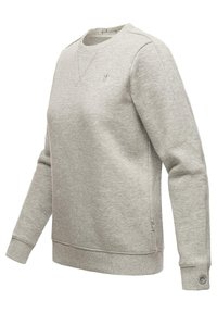 Felpa grigia chiara con maniche lunghe, scollo rotondo e polsini a coste. Presenta un logo discreto sul petto e un'etichetta laterale. Materiale in misto cotone.