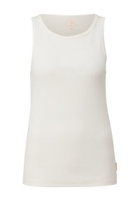 Weißes, geripptes Tanktop aus weichem Material. Mit Rundhalsausschnitt und einem kleinen orangen QS-Logo auf der Vorderseite. Ärmelloses Design.