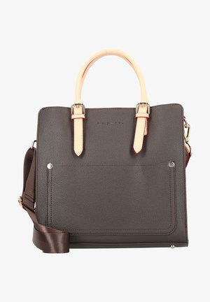 Sac à main en cuir marron texturé avec une anse de couleur claire, une bandoulière réglable et un détail de poche à l'avant.