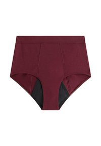 Mutande a vita alta color bordeaux con pannelli laterali in rete nera, tessuto morbido e cuciture piatte per il massimo comfort. Design semplice e moderno.