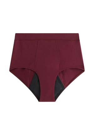 Burgundské vysoké kalhotky s bočními panely z černé síťoviny, měkká tkanina a ploché švy pro pohodlí. Jednoduchý a moderní design.