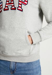 Sudadera gris con el logo "GAP" en rojo y azul. Cuenta con un bolsillo canguro y puños y dobladillo acanalados. Combinada con jeans de mezclilla azul.