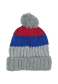 Czapka dzianinowa w kolorze czerwonym, niebieskim i szarym z teksturowanym wzorem. Posiada szeroki ściągacz i puszysty szary pompon na górze.