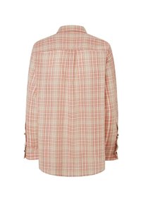 Langarm geruit shirt in beige en koraal, met een klassieke kraag en knoopmanchetten. Gestructureerde stof met een ruitpatroon.