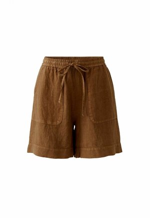 Brown linen shorts with elastic waistband, front tie, and large front pockets, designed for casual comfort.