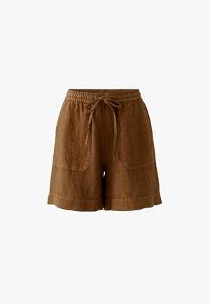 Brown linen shorts with elastic waistband, front tie, and large front pockets, designed for casual comfort.