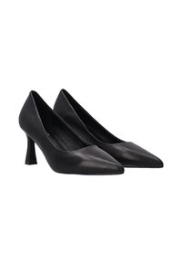 Black leather high-heeled pumps with a pointed toe and a unique block heel design. Smooth texture and minimalist silhouette.