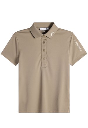 Beige Poloshirt mit kurzen Ärmeln, drei Knöpfen, Kragen und J.Lindeberg-Logo am Kragen und am rechten Ärmel.