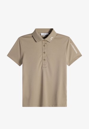 Beige Poloshirt mit kurzen Ärmeln, drei Knöpfen, Kragen und J.Lindeberg-Logo am Kragen und am rechten Ärmel.