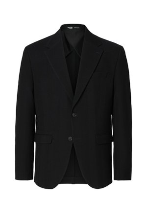 Moška črna blazer jakna z dvema gumboma, odprtinami na klapnah, dvema sprednjima žepoma s poklopcem in žepom na prsih, krojena v običajni pasovi.