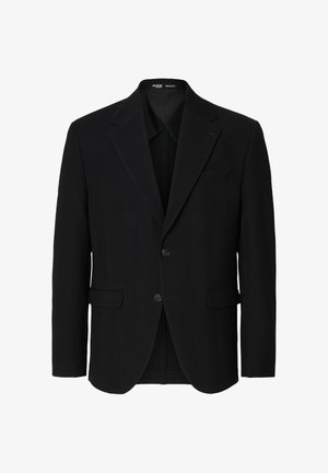 Moška črna blazer jakna z dvema gumboma, odprtinami na klapnah, dvema sprednjima žepoma s poklopcem in žepom na prsih, krojena v običajni pasovi.