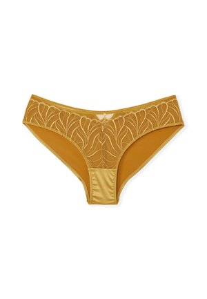 Gele kanten bikinislip met een satijnen voorkant. Voorzien van ingewikkeld bladmotief borduurwerk en een gladde, strakke pasvorm.
