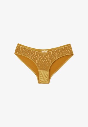 Gelbe Spitzen-Bikinislips mit satinierter Vorderseite. Verziert mit aufwendiger Blattmuster-Stickerei und einem glatten Schnittdesign.