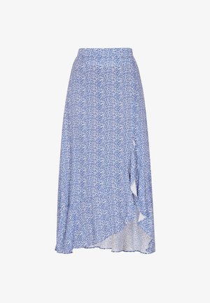 Sinine lilleline seelik, millel on kõrge vöökoht, ebaühtlane lõige ja kerged kangad. Kogu seeliku ulatuses on väiksed valged mustrid.