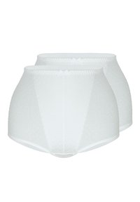 Weiße hochgeschnittene Slips mit einem strukturierten Punktmuster, weichem elastischem Bund und glatter Oberfläche, präsentiert im Zweierpack.