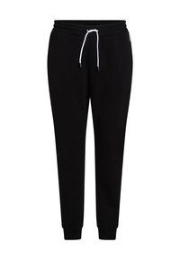Pantaloni de trening negri din bumbac moale, cu talie ajustabilă prin cordon, picioare conice și manșete cu nervuri. Design simplu, uniform, fără modele.
