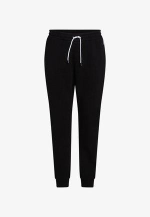 Černé tepláky z měkké bavlny, s nastavitelným pasem na stahovací šňůrku, se zúženými nohavicemi a žebrovanými manžetami. Jednoduchý, jednobarevný design bez vzorů.