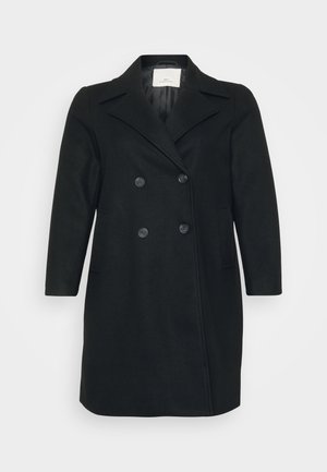 Manteau noir croisé en mélange de laine. Présente un col aigu, deux grands boutons et des poches latérales, avec une texture lisse.