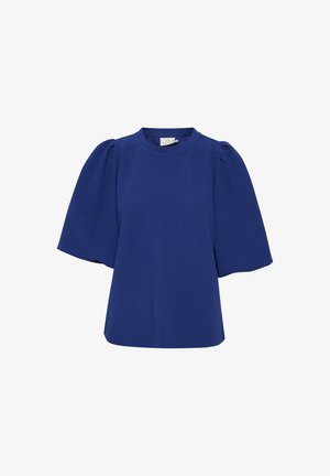 Blå kortärmad topp med rund halsringning och puffärmar. Strukturerat material med en lös passform och minimalistisk design.