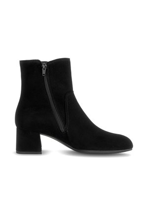 Schwarze Wildleder-Stiefelette mit seitlichem Reißverschluss und niedrigem Blockabsatz, im Profil auf weißem Hintergrund gezeigt.