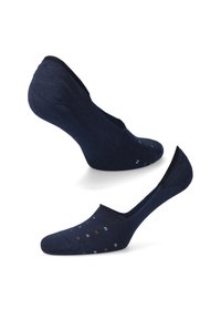 Granatowe skarpetki o niskim kroju, wykonane z miękkiego materiału, z małymi, wielokolorowymi kropkami. Gładka tekstura i elastyczne, dopasowane wykończenie wokół kostki.