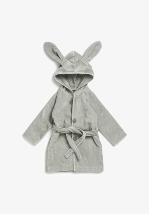 Grå hjemmesko badekåbe med hætte, der har kaninører, frontknapper og et matchende bælte; blød tekstur og lange ærmer.