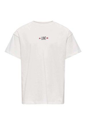 T-shirt blanc à manches courtes avec le texte "LOVE" en noir, encadré de petites flèches rouges, centré sur la poitrine.