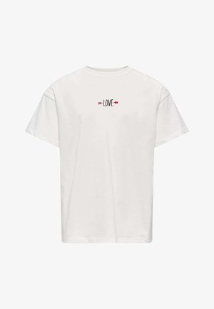 T-shirt blanc à manches courtes avec le texte "LOVE" en noir, encadré de petites flèches rouges, centré sur la poitrine.