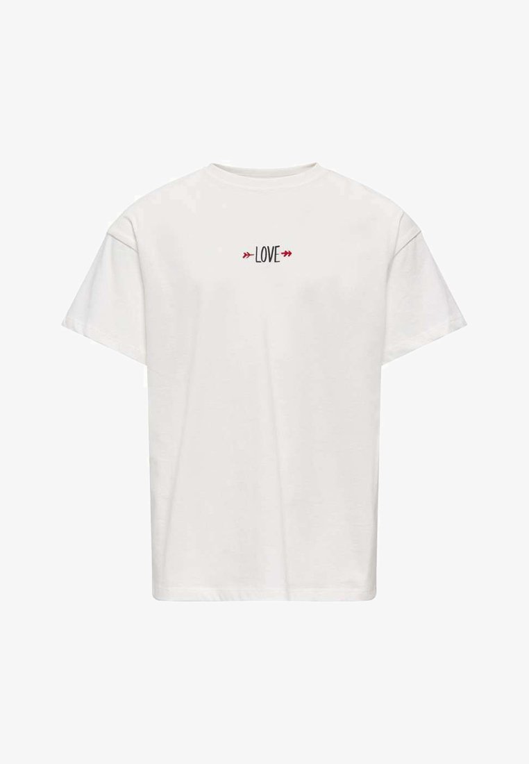 T-shirt blanc à manches courtes avec le texte "LOVE" en noir, encadré de petites flèches rouges, centré sur la poitrine.