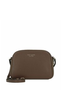 Borsa a tracolla marrone in pelle testurizzata con logo in tono oro e chiusura a zip. Dotata di una tracolla removibile per maggiore versatilità.