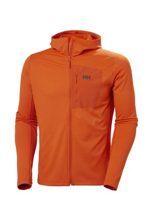 Oranje jack met capuchon, slim fit ontwerp, gestructureerde stof, ritsluiting aan de voorkant en een ritsborstaszak met een logo.