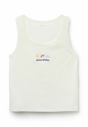 Top blanco sin mangas con texto "Summer Feelings" y pequeños iconos bordados de sol, paraguas de playa y ola en el pecho.