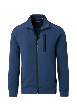 Marineblaue zip-up Jacke aus strukturiertem Stoff, mit schwarzen Akzenten, einer Seitentasche und einem hohen Kragen-Design. Verfügt über gerippte Bündchen und einen gerippten Saum.