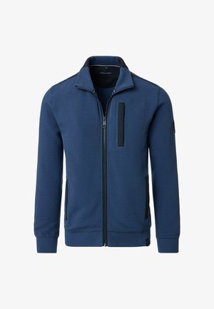 Marineblaue zip-up Jacke aus strukturiertem Stoff, mit schwarzen Akzenten, einer Seitentasche und einem hohen Kragen-Design. Verfügt über gerippte Bündchen und einen gerippten Saum.