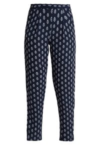 Granatowe spodnie z powtarzającym się wzorem diamentowym w kolorze białym. Wykonane z gładkiej tkaniny o dopasowanym kroju i plisach z przodu.