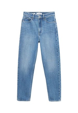 Jeans in denim azzurro chiaro con design a gamba dritta, caratterizzati da un alto punto vita, cinque tasche e un'apertura con zip. Tessuto strutturato con una finitura sbiadita.